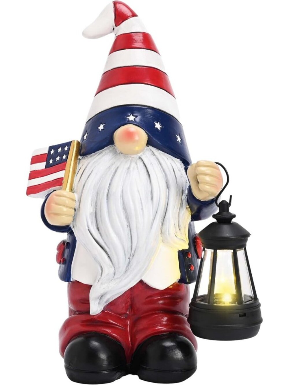 Patriotic Garden Gnome with Solar Lantern - 4th of July & Memorial Day Decor, 8